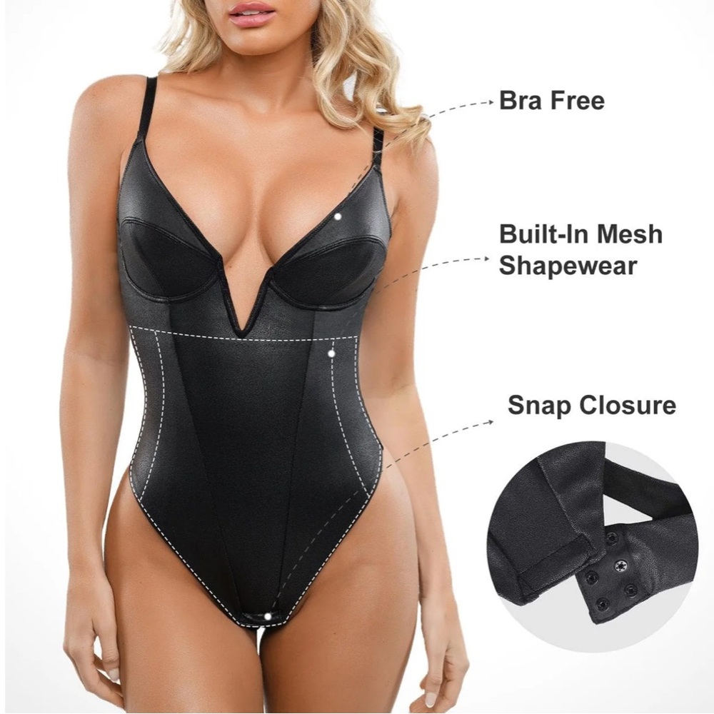 Stunning black shiny Deep V-Neck Leather Shapewear Thong Bodysuit😍